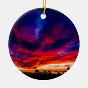 Solnedgång vid Pier, Huntington Beach, CA Julgransprydnad Keramik