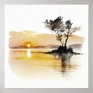 Solnedgång vid Sjö minimalistiska vattenfärg Poster