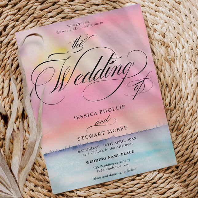 Solnedgång vid tropisk rosa bröllop vid solnedgång inbjudningar (Tropical pink beach sunset calligraphy wedding invitation)