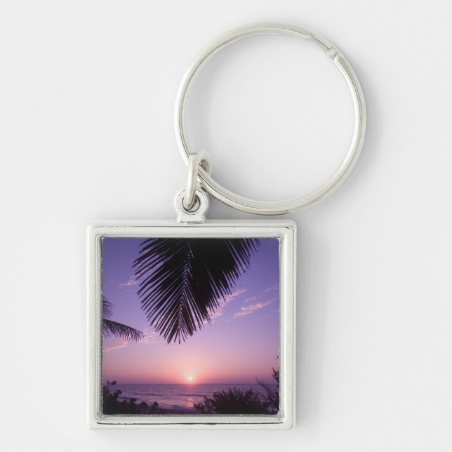 Solnedgång vid West End, Cayman Brac, Caymanöarna, Fyrkantig Silverfärgad Nyckelring (Framsidan)