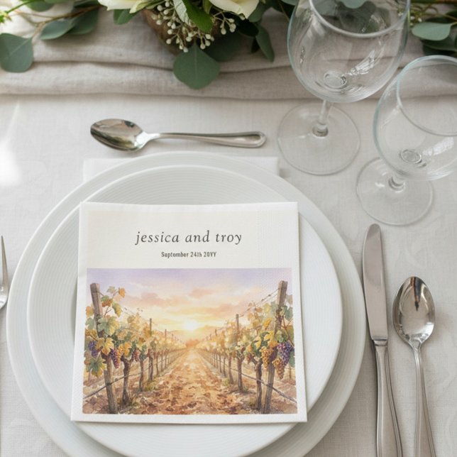 Solnedgång Vinäga Vattenfärg Druvor Bröllop Pappersservett (Wedding Napkins from the Sunset Vineyard wedding collection by Darling & May)