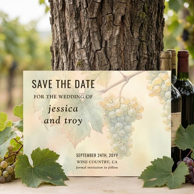 Solnedgång Vinård Vattenfärg Druvor Bröllop Spara Datumet (Save the Date card from the Sunset Vineyard wedding collection by Darling & May)