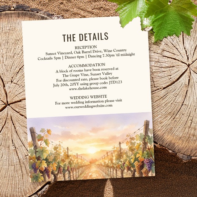 Solnedgång Vinårdslandskap Bröllopsdetaljer Tilläggskort (Details and Accommodation insert card from the Sunset Vineyard wedding collection by Darling & May)