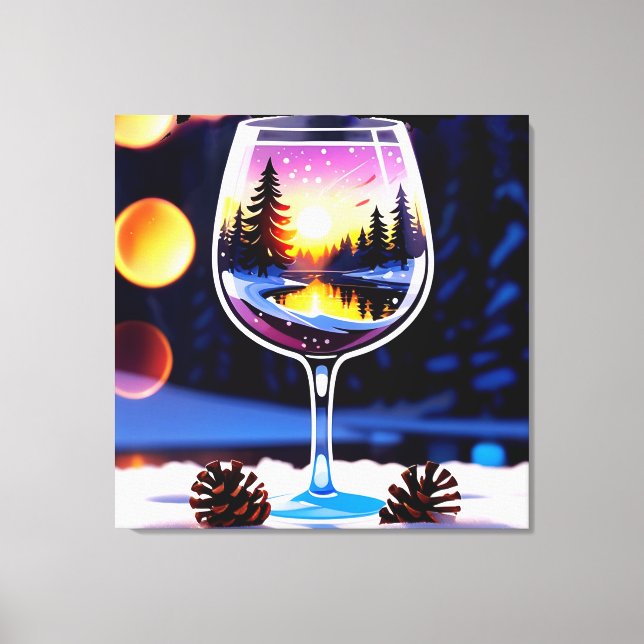 Solnedgång Vinterscen reflekterad i vinglas Canvastryck (Framsida)