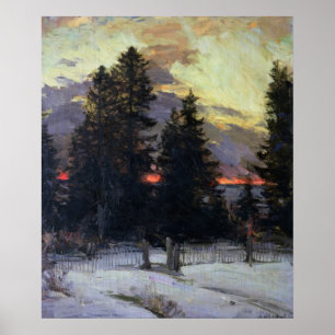 Solnedgången över en vinter landskap, c.1902 poster