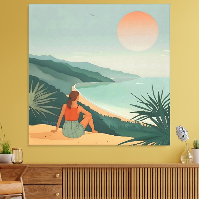 Solnedgångens Ensamhet – Minimalistisk kustutsikts Canvastryck (Insitu (Vardagsrum))