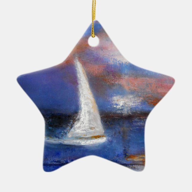 Solnedgånghamnen seglar sjölandskapmålning julgransprydnad keramik (Framsidan)