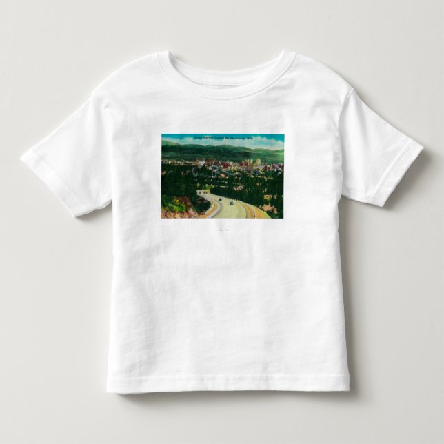 Solnedgånghuvudväg som skriver in Spokane från T-shirt (Framsida)