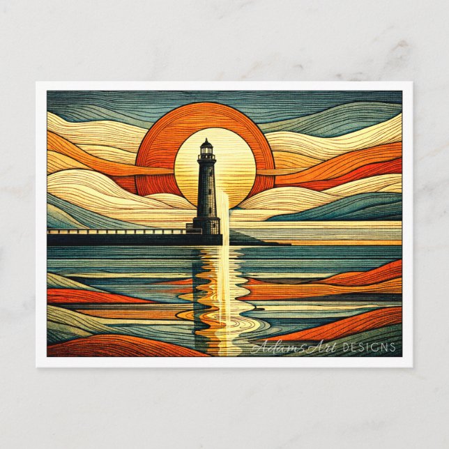 Solnedgångs fyr Reflektion Art Deco Helg Vykort (Framsida)