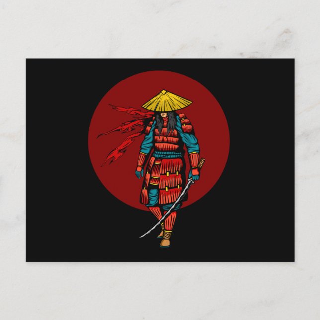 Solnedgångs Samuraj Krigare med Katana Vykort (Framsida)