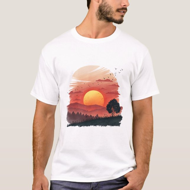 Solnedgångs Serenitet t-shirt Estetisk Akvarell La (Framsida)