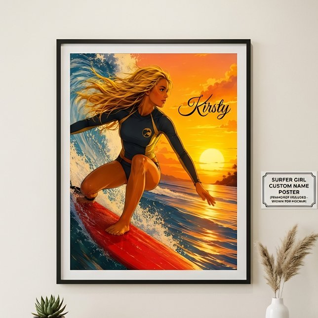 Solnedgångs-Surfartjej med surfbräda, Sol, Sand Su Poster (Skapare uppladdad)