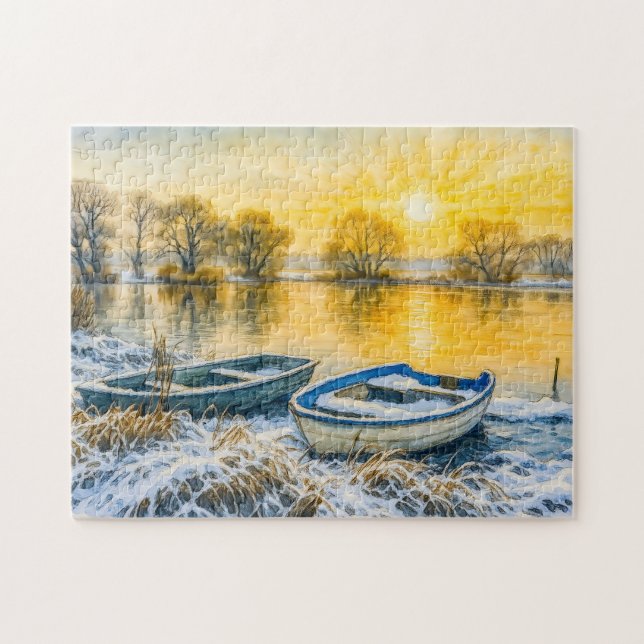 Solnedgångsbåtar flodstrand akvarell havelland pussel (Horisontell)