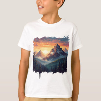 Solnedgångsberg Skogs Konst T-Shirt