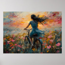 Solnedgångscykelritt genom ett blomsterfält - Impr Poster