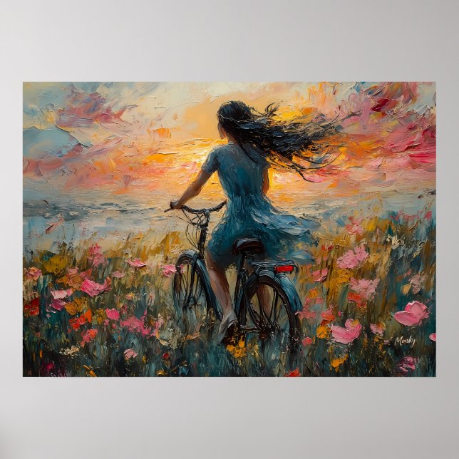 Solnedgångscykelritt genom ett blomsterfält - Impr Poster (Framsidan)