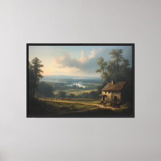 Solnedgångsdal med stenhus canvastryck