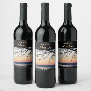Solnedgångsetikett Sjö Red Vin Vinflaska Etikett