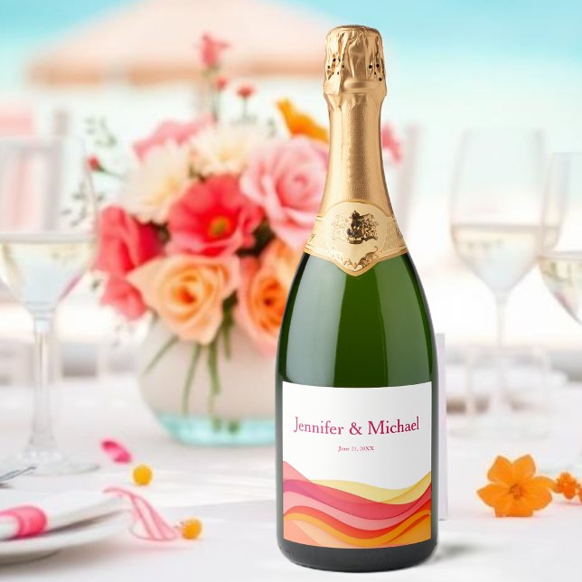 Solnedgångsfärgade vågor Modern Bröllop (Sunset Color Waves Modern Wedding Sparkling Wine Label )