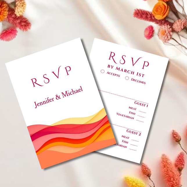 Solnedgångsfärgade vågor Modern Bröllop OSA Kort (Sunset Color Waves Modern Wedding  RSVP Card with meal options)