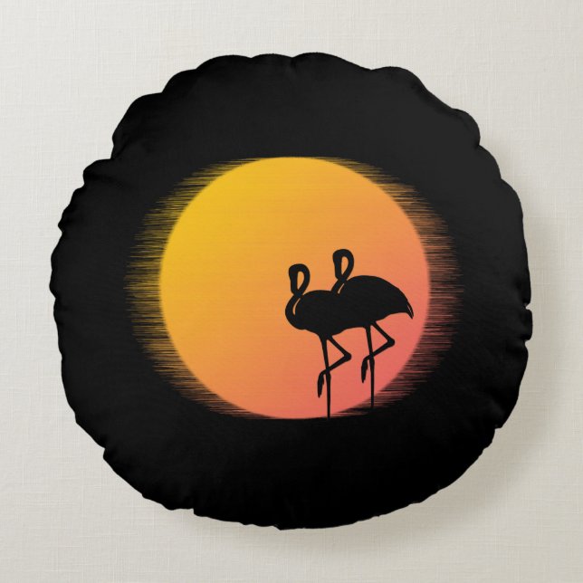 Solnedgångsflamingos Rund Kudde (Framsidan)