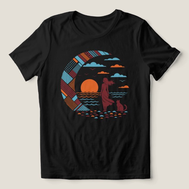 Solnedgångsflicka och katt t shirt (Design Framsida)
