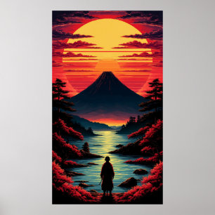 Solnedgångsflod med vulkan poster