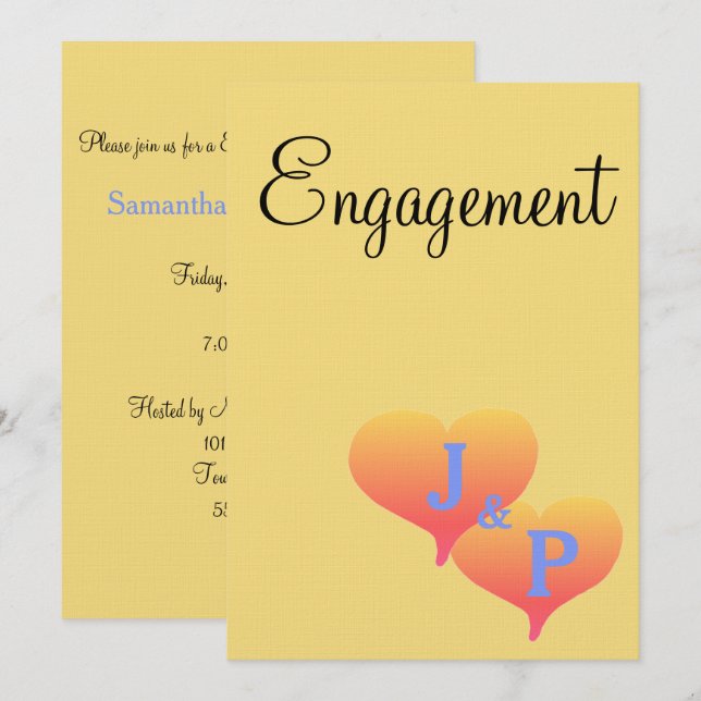 Solnedgångshearts Gult Blue Monogram Förlovning Inbjudningar (Fram/baksida)