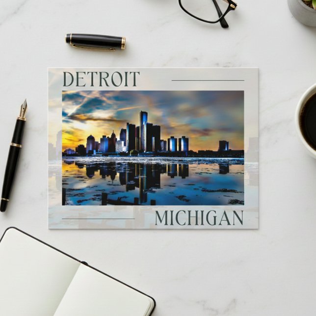 Solnedgångsreflektioner: Detroit Siluett Vykort (Sunset Reflections: Detroit Skyline Postcard)