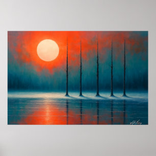 Solnedgångsreflektioner med kala träd poster