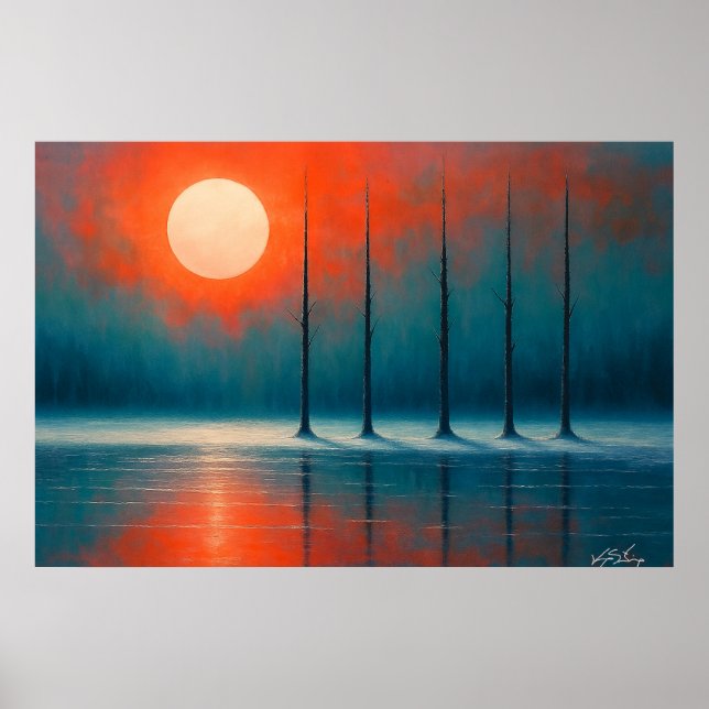 Solnedgångsreflektioner med kala träd poster (Framsidan)