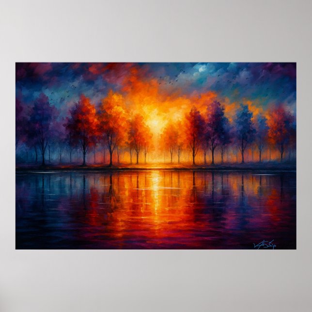 Solnedgångsreflektioner över höstsjön poster (Framsidan)