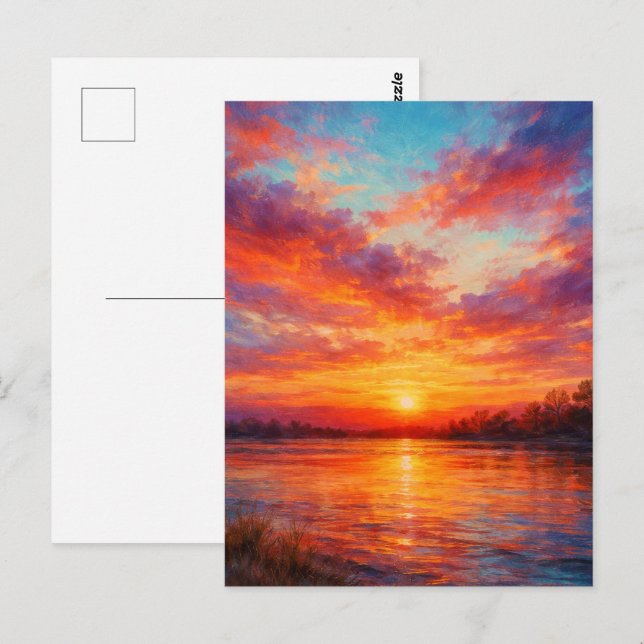 Solnedgångssjö - Pastellkonst stil Art Vykort (Fram/baksida)