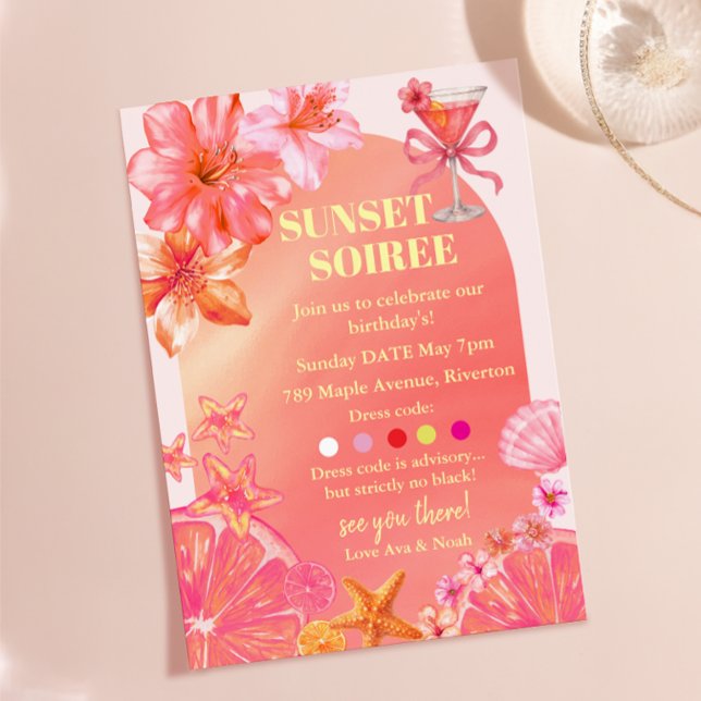 Solnedgångssoaré Rosa Bow Cocktail Citrus Födelsed Inbjudningar (Sunset Soiree Pink Bow Cocktail Citrus Birthday Invitation)