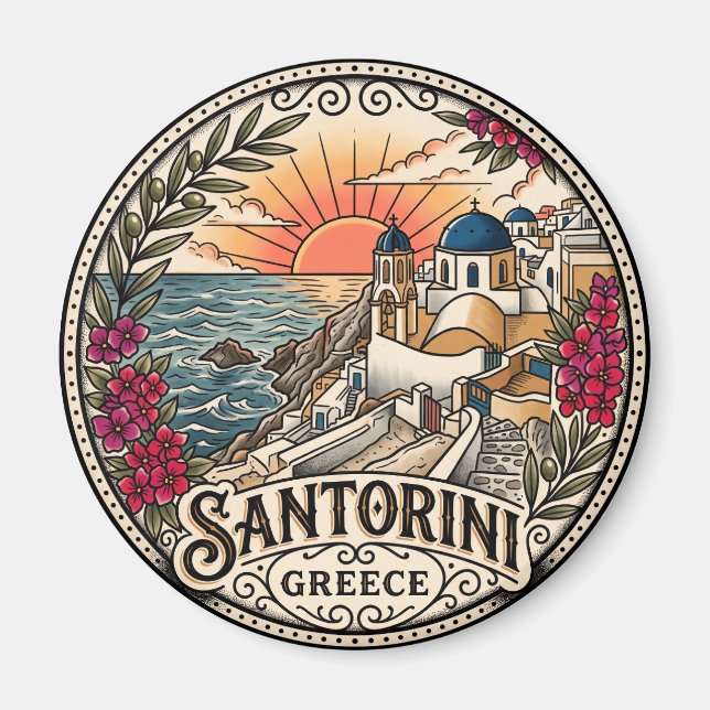 Solnedgångsutsikt Santorini Grekland Magnet (Framsidan)