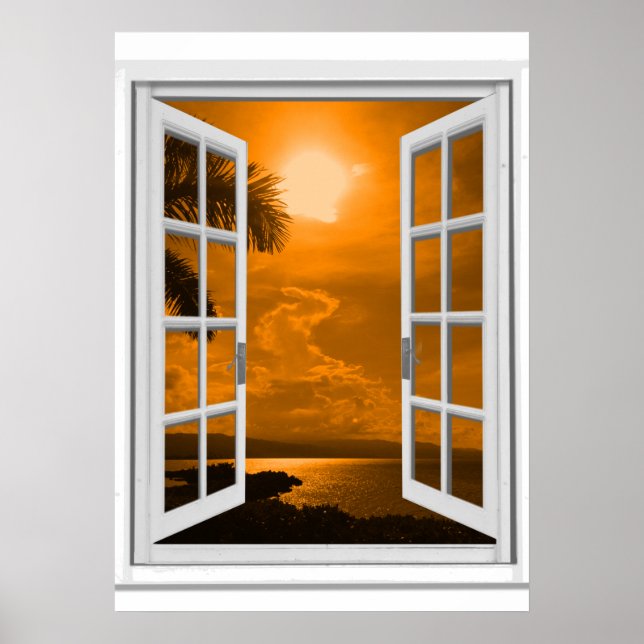 Solnedgångsutsikt Trompe l'oeil Fönsterattrapp Poster (Framsidan)