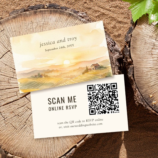Solnedgångsvingård Landskaps Bröllopswebbplats QR- Tilläggskort (Online RSVP QR Card from the Sunset Vineyard wedding collection by Darling & May)