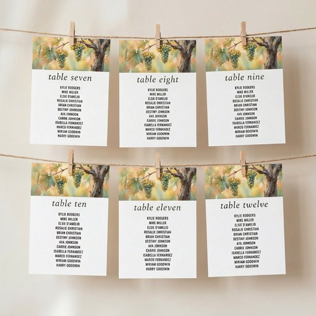Solnedgångsvingården Rustika druvor Sittplatskort (Seating Chart Cards from the Sunset Vineyard wedding collection by Darling & May)