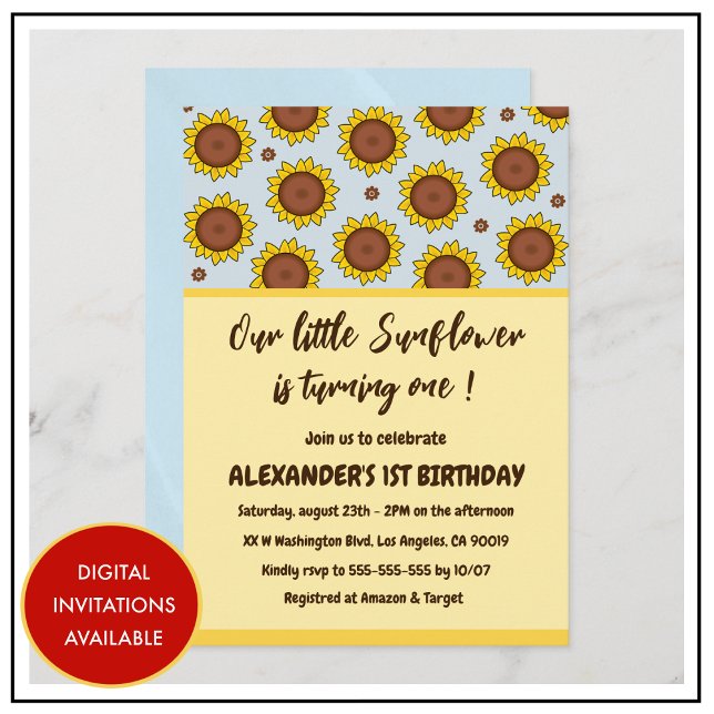 Solros 1:a födelsedag - söta moderna inbjudningar (sunflower-1st-birthday-invitations-cute-modern-boy-3)