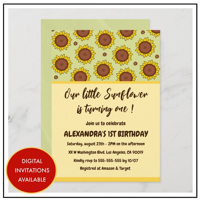 Solros 1:a födelsedag - söta moderna inbjudningar (sunflower-1st-birthday-invitations-cute-modern-1)
