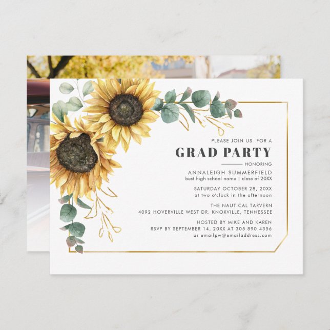 Solros 2024-Studentfestens Blommigt Photo Grad Inbjudningar (Fram/baksida)