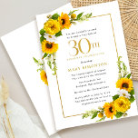 Solros 30:e sommarens Födelsedagsfest Inbjudningar<br><div class="desc">Söt gult Solros blommigt 30års födelsedag bjudande. Gult och vita daisy med solblommor. Ett rektangulärt guld ram ge är en elegant vibe. 30års födelsedag Firande och festens namn är skrivna i guld. Mycket enkelt att anpassa. Den där baksidan är vit med en solrosbukett. Det här är en perfekt för en...</div>