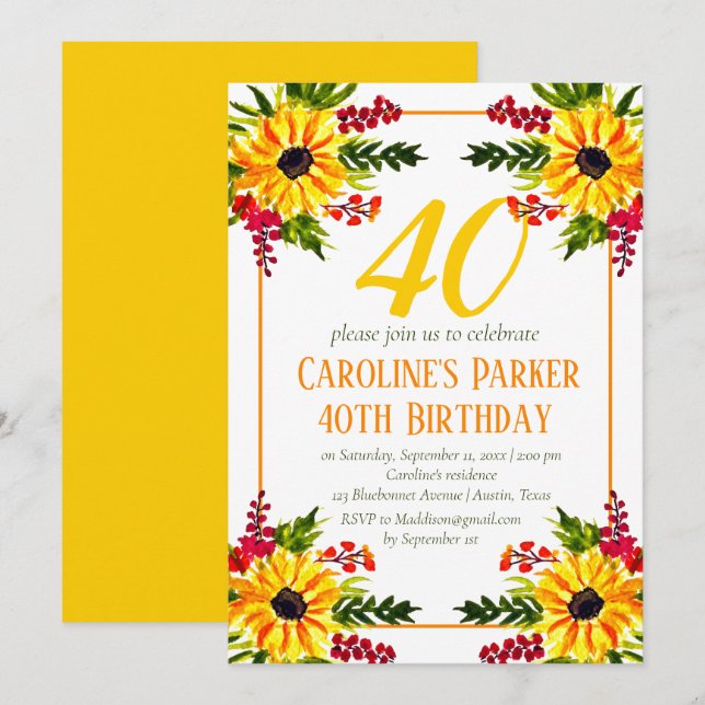 Solros 40:e Gultens Blommigt Vuxen Inbjudningar (Fram/baksida)