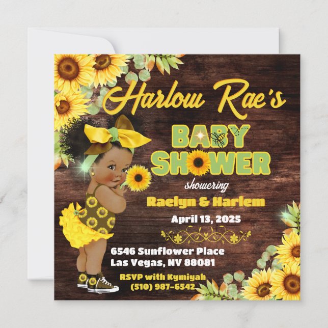 Solros Afro Flicka-Gult Rustic Baby Shower Inbjudningar (Framsida)