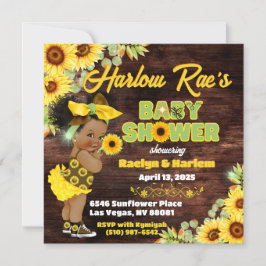 Solros Afro Flicka-Gult Rustic Baby Shower Inbjudningar