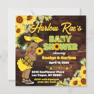 Solros Afro Flicka-Gult Rustic Baby Shower Inbjudningar