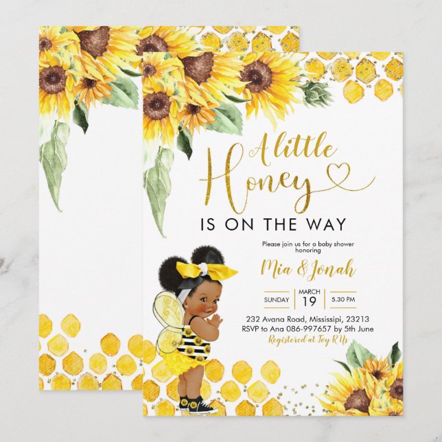 Solros Afro Little Honbee Baby Shower Inbjudningar (Fram/baksida)