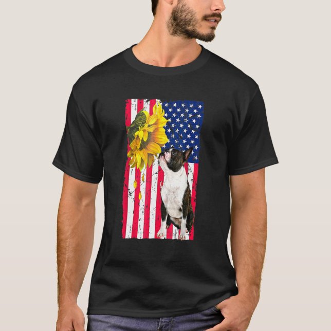 Solros American Flagga Boston Terrier Hund T Shirt (Framsida)