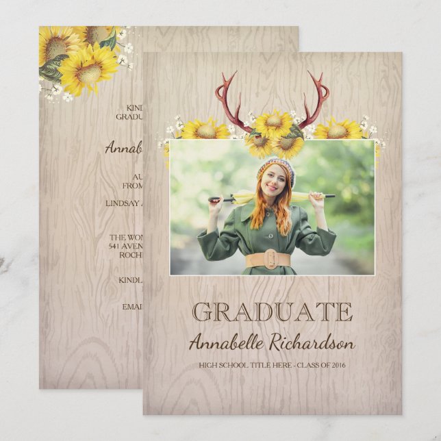 Solros Antlers Rustic Photo Studenten Inbjudningar (Fram/baksida)