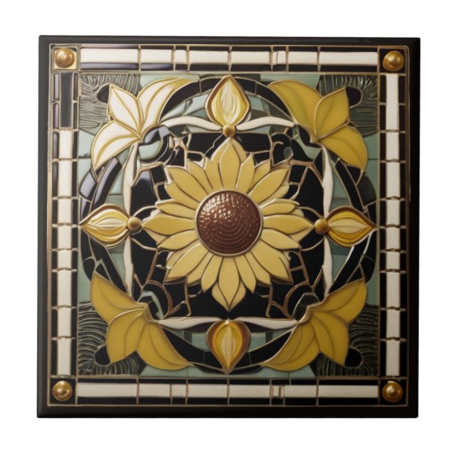 Solros Art Deco Nouveau Gult and Black Kakelplatta (Framsidan)
